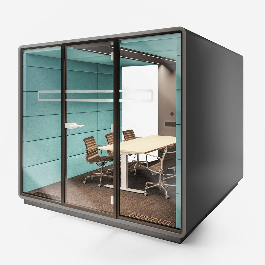 Glas Raumsystem Hush Konferenz Unit, 4-6 Personen grey Edition (grau) | HushOffice | Grau/Schwarz/Weiss | Belüftung | Steckdosen | Milchglas
