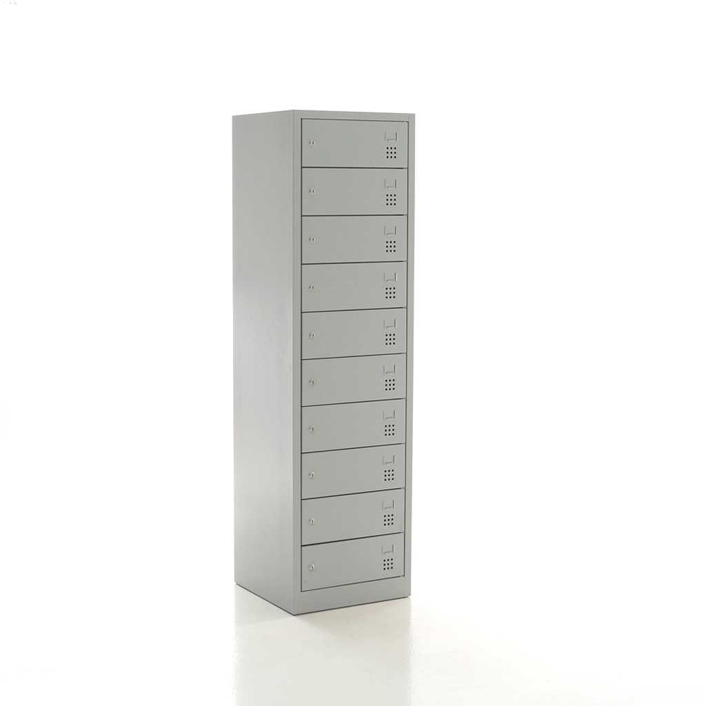 Wertfachschrank für Laptops und ander teuere Gegenstände Doppelwandiger, grauer Wertfachschrank zum eispiel als Laptopschrank. Die Fächer lassen sich einzeln abschließen und sind beschriftbar.