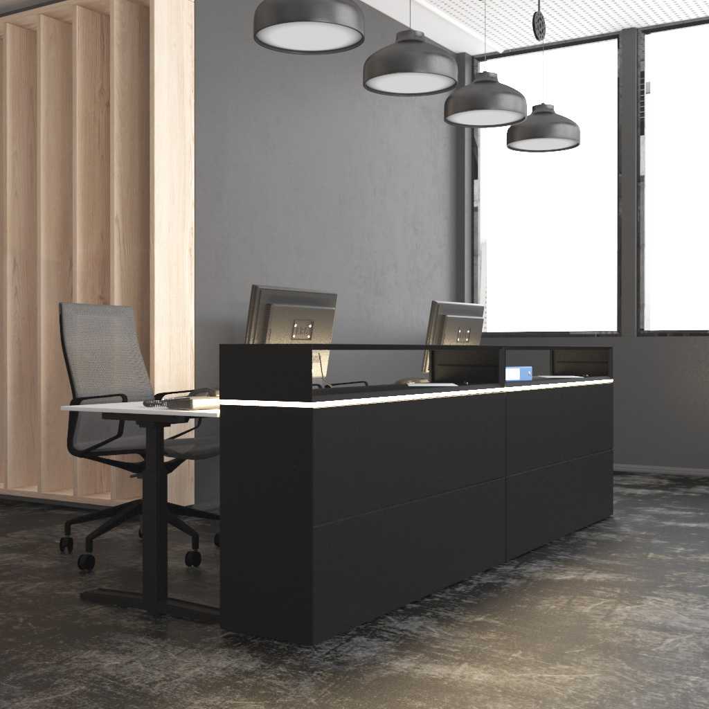 Großer Tresen mit Beleuchtung Große modulare Theke in schwarz. Mit integrierten, höhenverstellbaren Arbeitsplätzen. Hinter der Theke zwei Drehstühle. Die Theke wird von vier schwarzen Pendellampen beleuchtet.