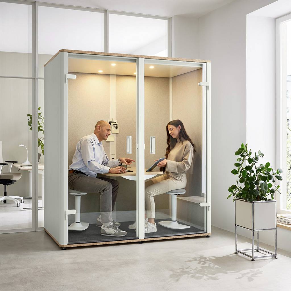 Meetingbox Bosselino Duo ohne Bänke für 2 Personen | Breite 190,9 cm | Tiefe 99,4 cm | Höhe 215,5 cm | Schallpegeldifferenz 31 dB | Flügeltüren aus