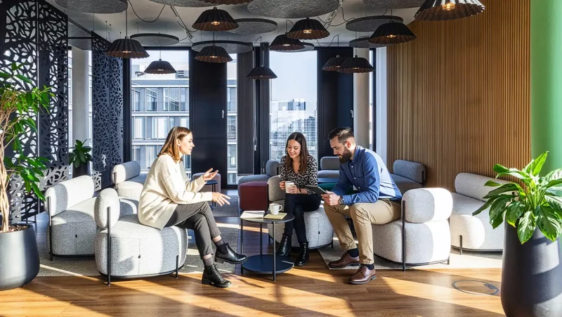 An Cafeteria angebundener Loungebereich mit modernen Polstermöbeln und Pflanzen