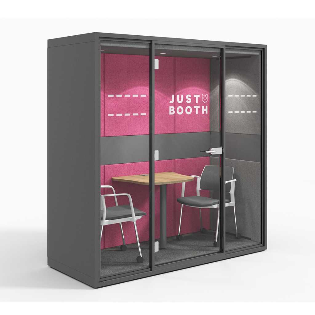kleiner Meetingraum Meetingraum in grau. Vorne eine Glasfront mit Tür. Innen zwei Stühle und ein kleiner Tisch. Die Rückwand ist pink .