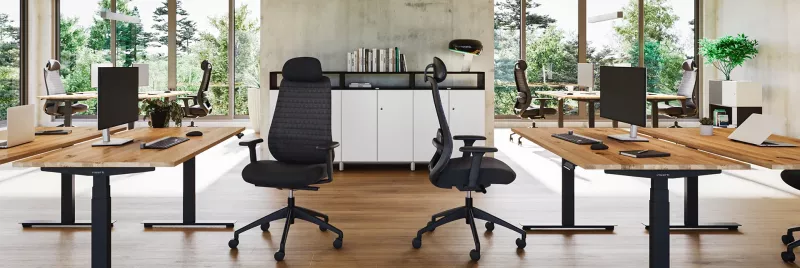 Drehstuhl Inwerk Dynamio 2 im Büro mit Schreibtisch Masterlift Flex