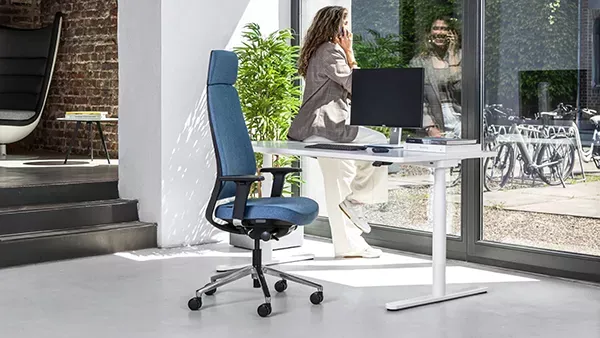 Teamo Plush blau-schwarz am höhenverstellbarem Schreibtisch