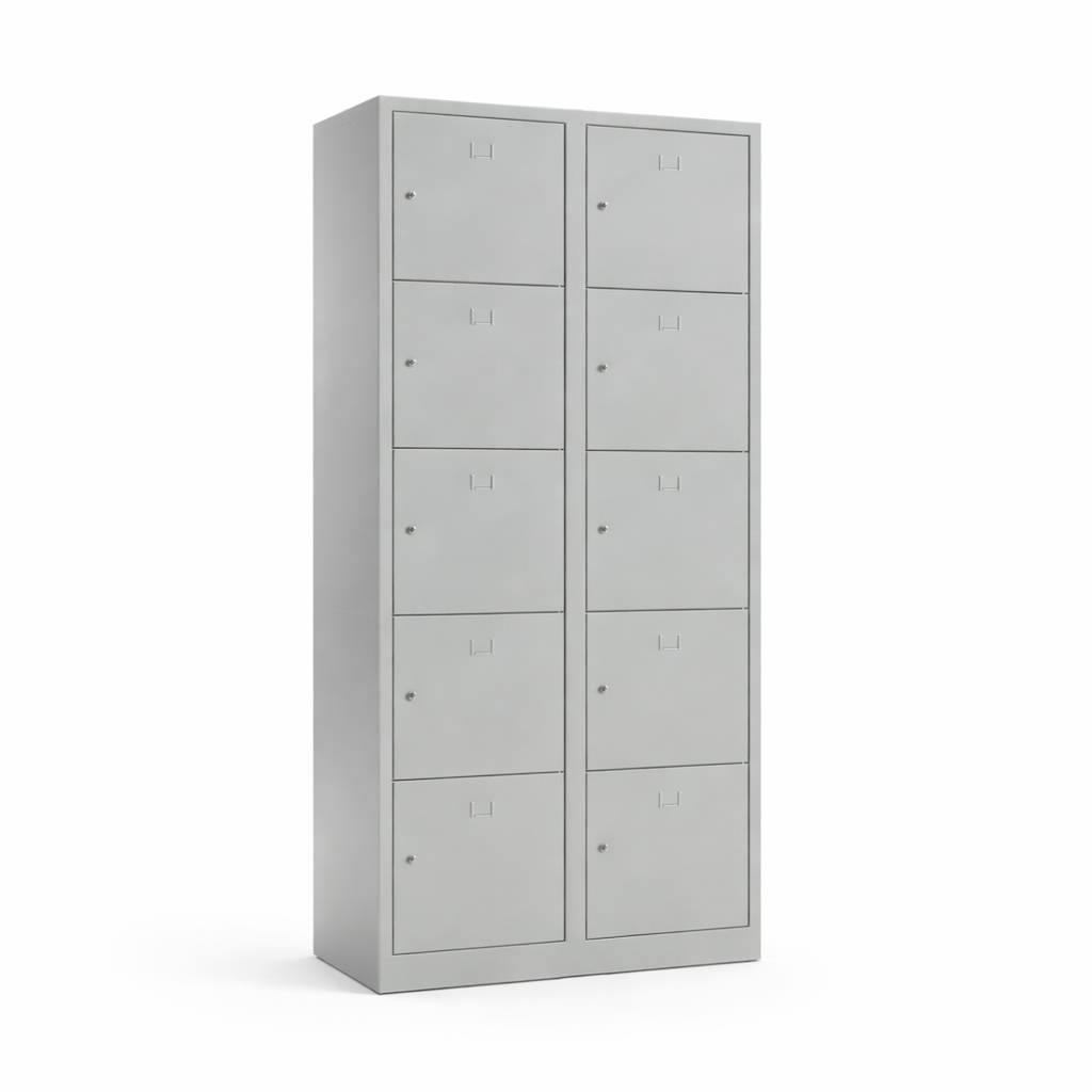 Schließfachschrank SHC – 10 Fächer, Grau, sehr robust, Stahl, Zylinderschloss, Charly
