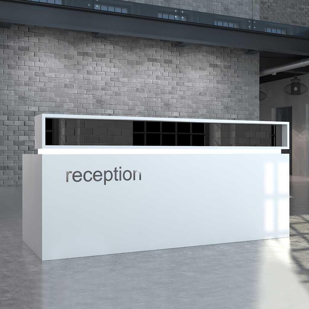 Design Empfangsthresen Weiße Theke mit einem klaren und modernen Design. Schwarze Glaselemente und