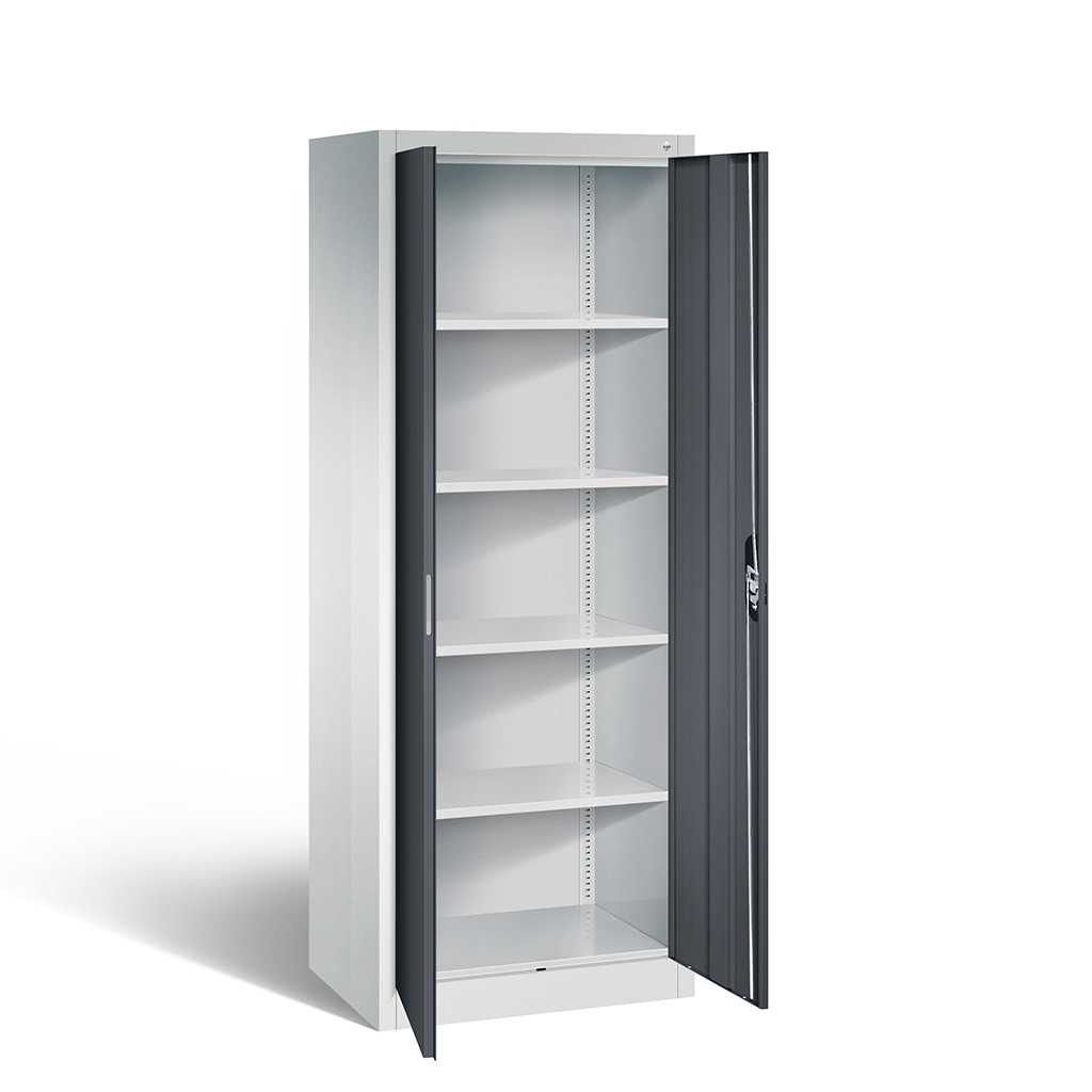 Stahlschrank mit Flügeltüren Stahlschrank mit zwei Türen. Hellgrauer Korpus, dunkelgraue Türen, Abschließbar mit fünf Einlegeböden.