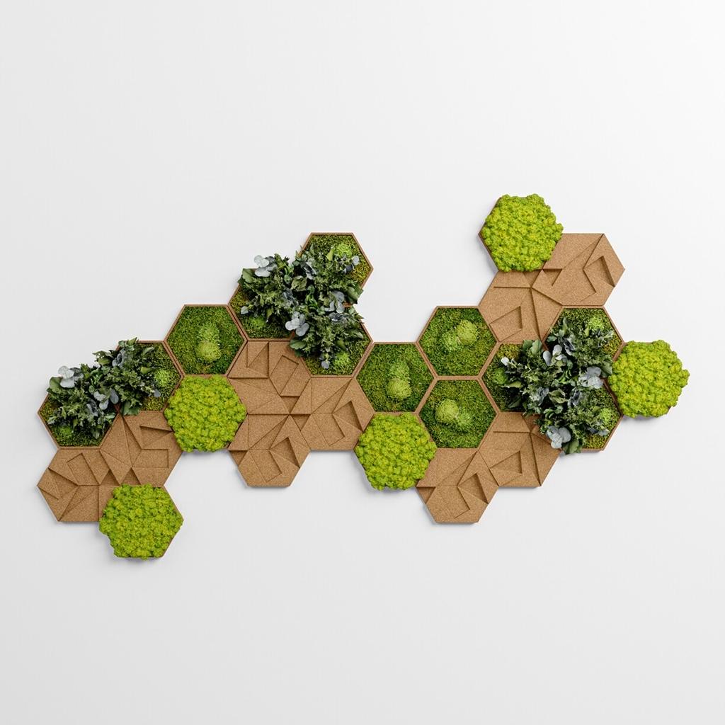 Akustik im Büro Wandbild aus Kork und Moos. Verschieden gestaltet Hexagone in braun und grüntönen als Wandbild zur akustischen Verbesserung.