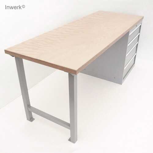 Werkbank mit Schubladenschrank Werkbank in hellem Holz mit grauen Gestell. Auf der rechten Seite ein integrierter Schubladenschrank für Stauruam.