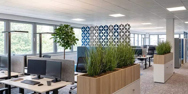 Offenes Büro mit ergonomischen höhenverstellbaren Schreibtischen und Sideboards als Raumtrenner