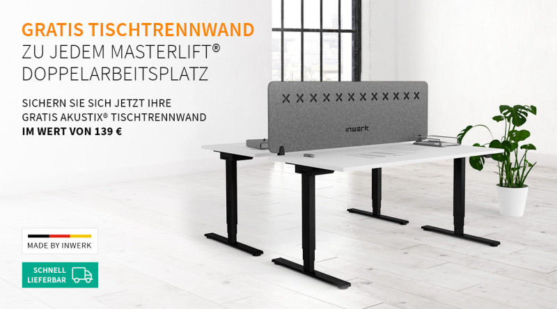 Gratis Tischtrennwand zu jedem Masterlift® Doppelarbeitsplatz