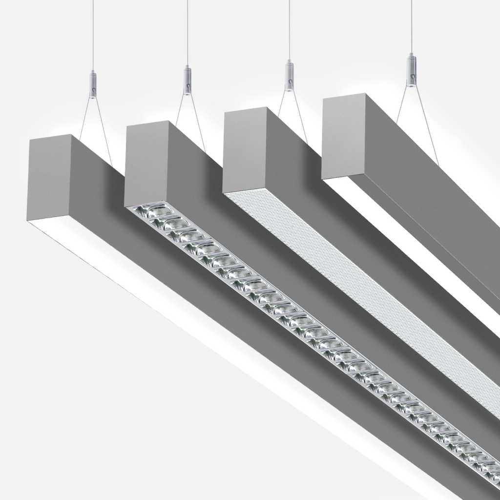 Schmale Pendelleuchte Vier schmale LED-Pendelleuchten in Silber mit unterschiedlichen Linsen. Mit einem klaren und schlichten Design.