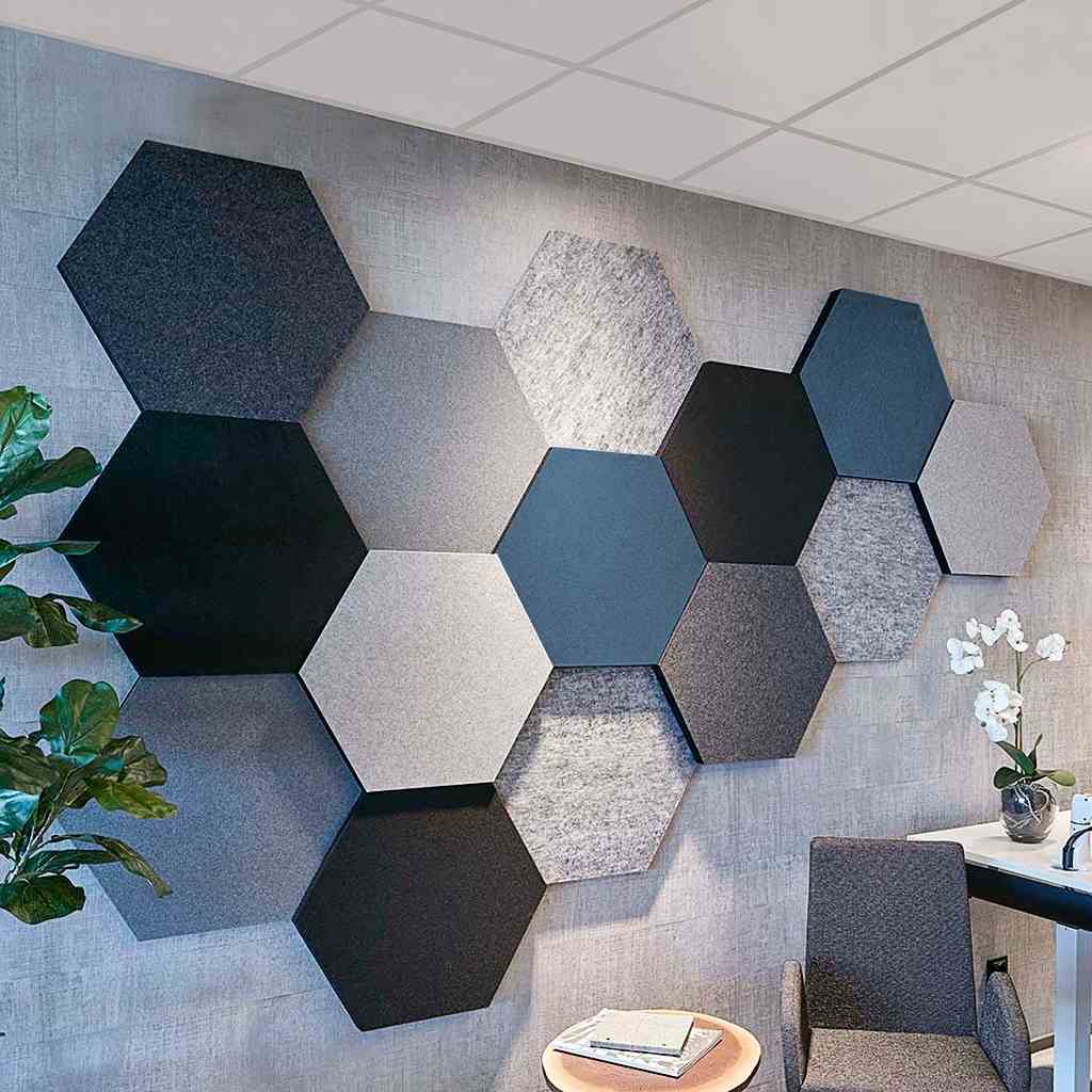 Hexagonförmige Wandabsorber Hexagonförmige Wandabsorber in verschiedenen blau und grau Tönen