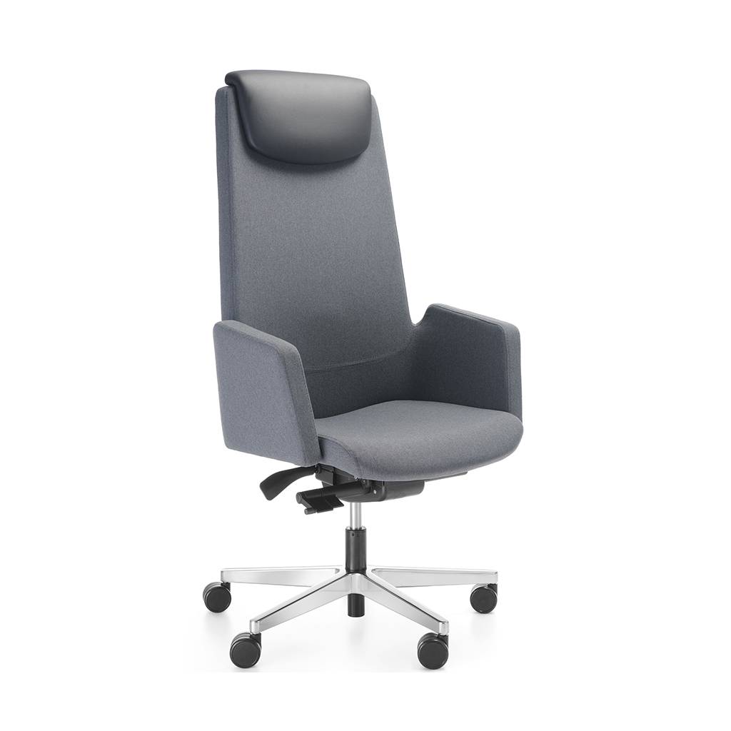 Chefsessel Meran | gepolstert | höhen- & tiefenverstellbar | Selbstwiegende Synchronmechanik | Bariton | Grau/Schwarz/Blau | Leder/Stoff/Aluminium