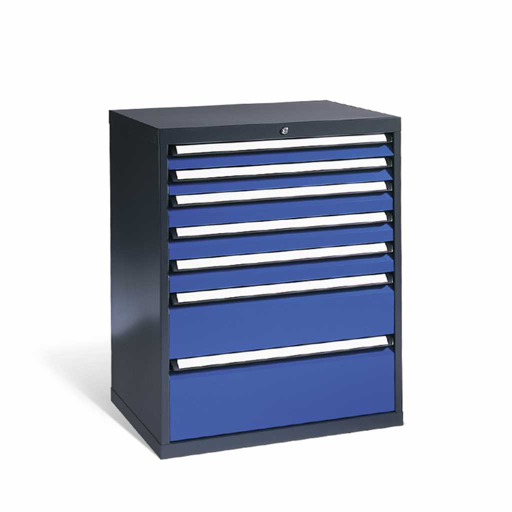 Schubladenschrank 6 Auszüge Schwarzer Schubladenschrank verschieden hohen blauen Auszüge.