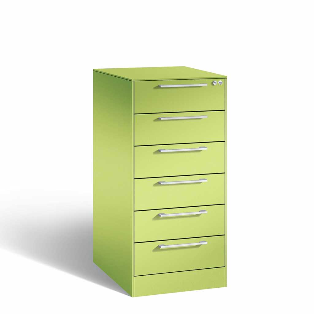 moderner Karteischrank Moderner Karteikartenschrank in hellgrün mit Schloß. Sechs Schübe mit grauen Griffen.