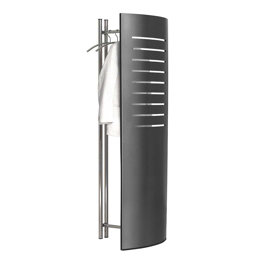 Schlichte Garderobe mit Sichtschutz Garderobe mit dunkelgrauem Sichtschutz. Konstrukt aus Metall. An der Garderobe hängt eine Jacke.