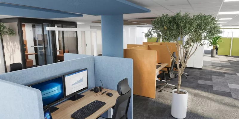 Arbeitsplätze im offenen Büro mit Raumsystem