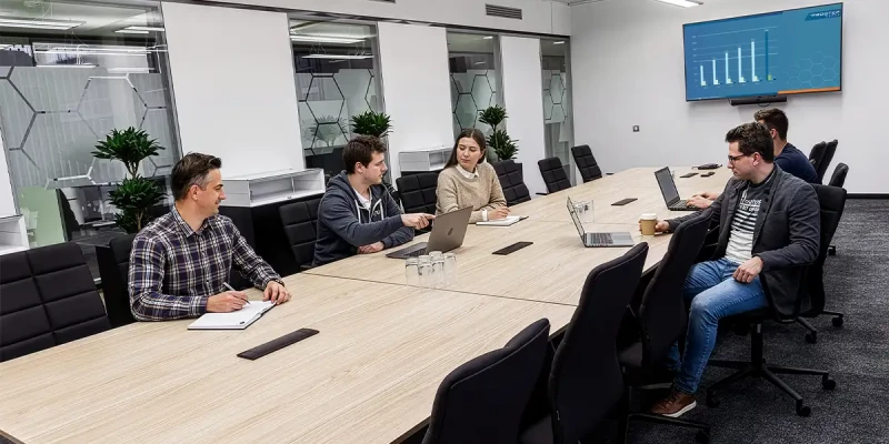 Konferenzraum mit großem Konferenztisch und folierten Glasscheiben zum Flur
