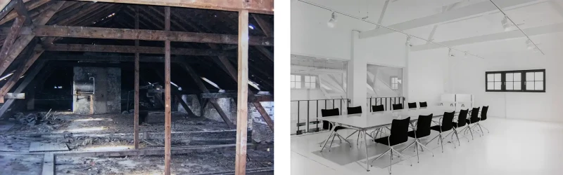 25 Jahre Inwerk Zeitreise – Vorher und nachher vom Dachstuhl und heutigen Konferenzraum des Forum für Bürokultur in Meerbusch