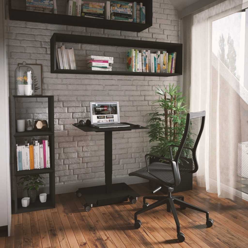 Besprechungstisch für mobilen Einsatz schwarzer Stehtisch mit Laptop vor einer hellen Ziegelwand. An der Wand hängen zwei offnene Bücherregale. Links neben dem mobilen Tisch steht ein weiteres offenes Bücherregal. Rechts steht eine Zimmerpflanze vor dem Besprechungstisch steht ein schwarzer Bürodrehstuhl. Rechts im Hintergrund ein bodentiefes Fenster mit weißer Gardiene.