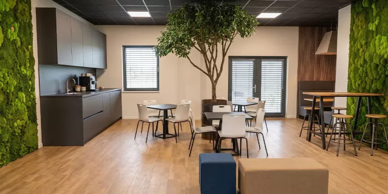 Moderne Büroküche mit Mooswänden