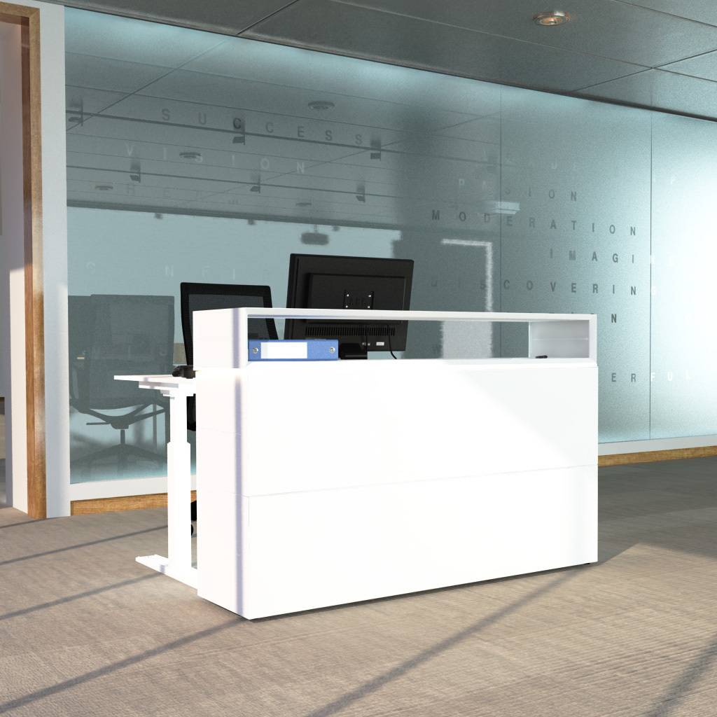 Empfangstheke Masterbox XS - weiß, 1600x1015x1225, bis 120 kg, ergonomisch, stabil, modular, dimmbare und 4-seitig umlaufende LED-Linienlicht - Inwerk