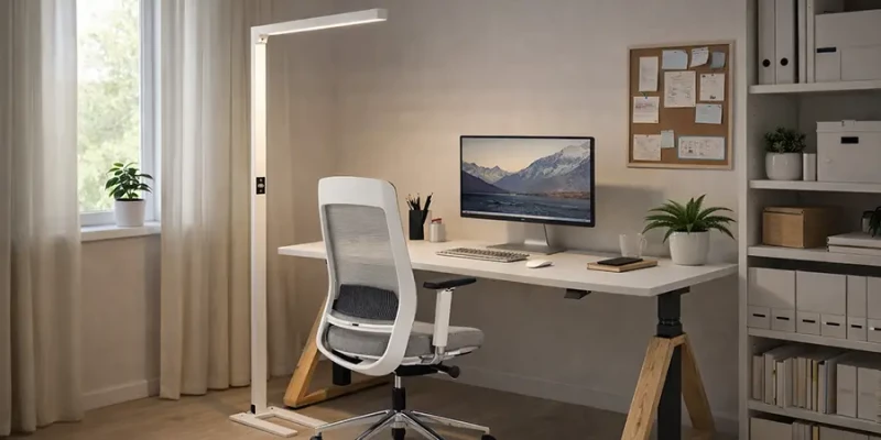 Die Stehleuchte Lumer Slim bringt Helligkeit an den Arbeitsplatz im Homeoffice