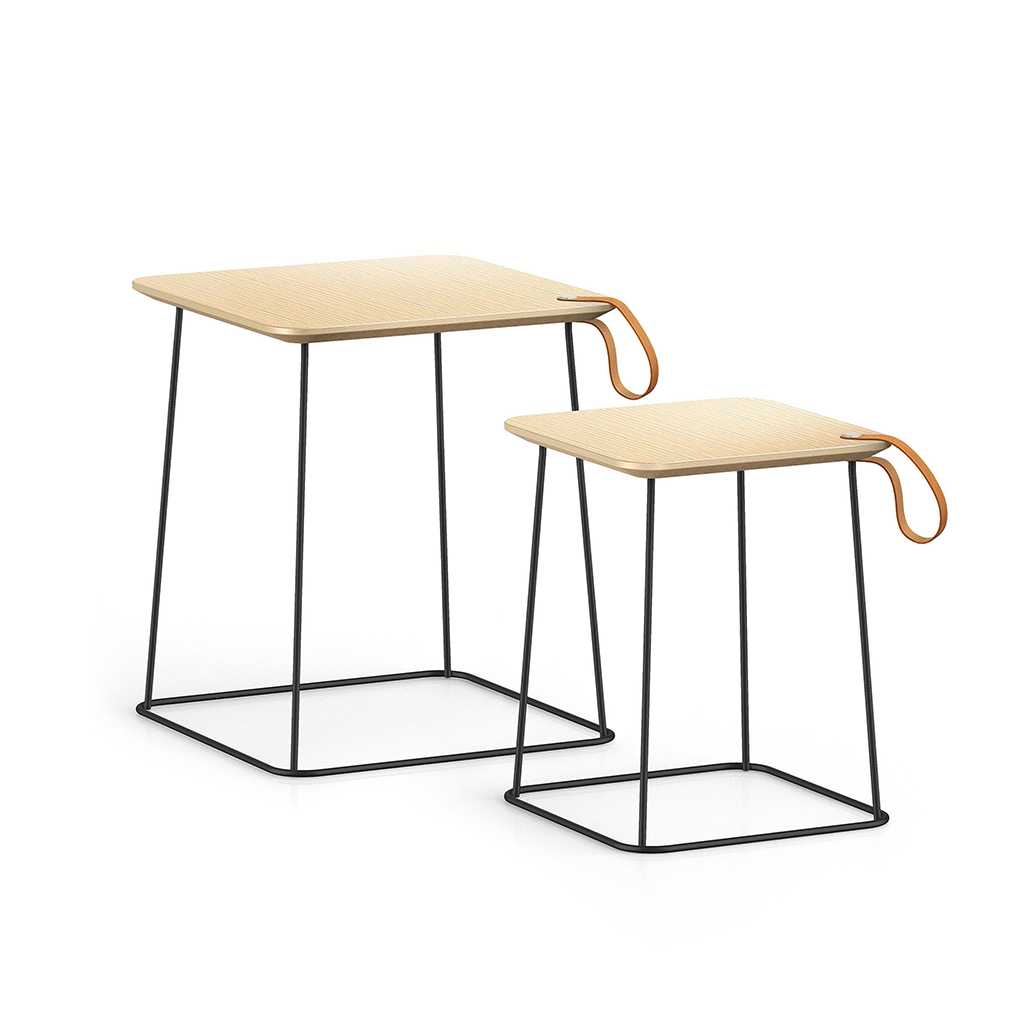filigrane Beistelltische ein größerer und ein kleinerer Beistelltisch. Das Gestell hat eine Würfelform, die Kanten sind aus Metallstreben. Die Tischplatte ist aus hellem Holz. An einer Ecke ist jeweils eine Lederschlaufe angebracht.