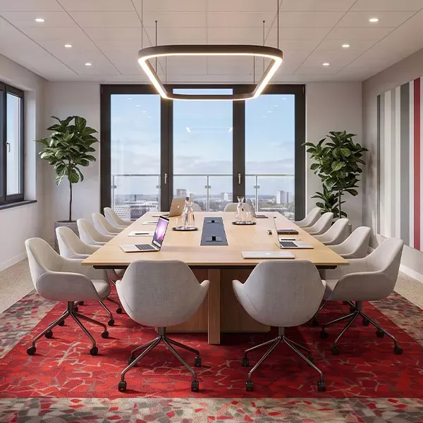 Konferenzraum mit Ausblick und rotem Teppich