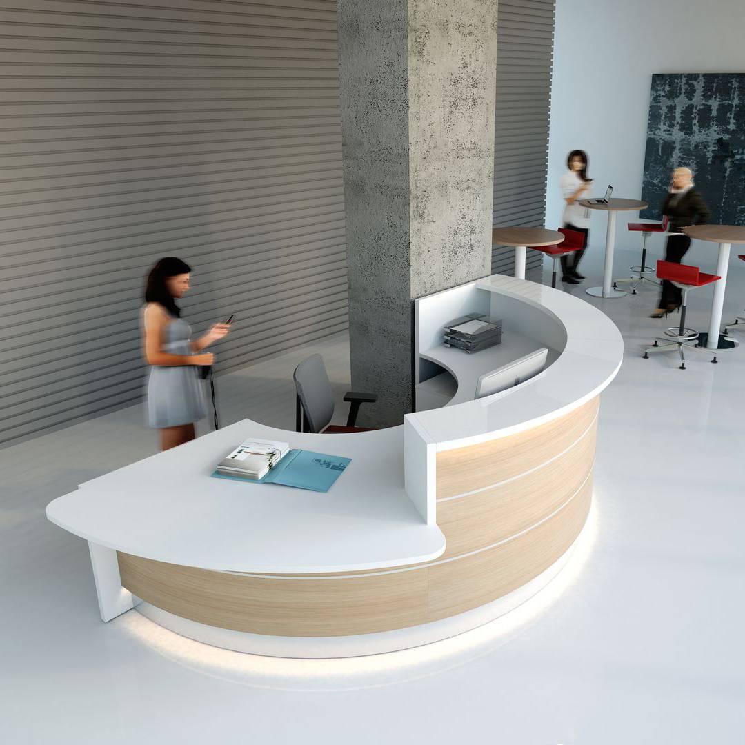 Empfangstheke Luxemburg rund No.3 Weiss |Holz Dekor | Höhe 1105 mm | Breite 3367 mm | Tiefe 1629 mm | Beleuchtung | FSC | Oscar