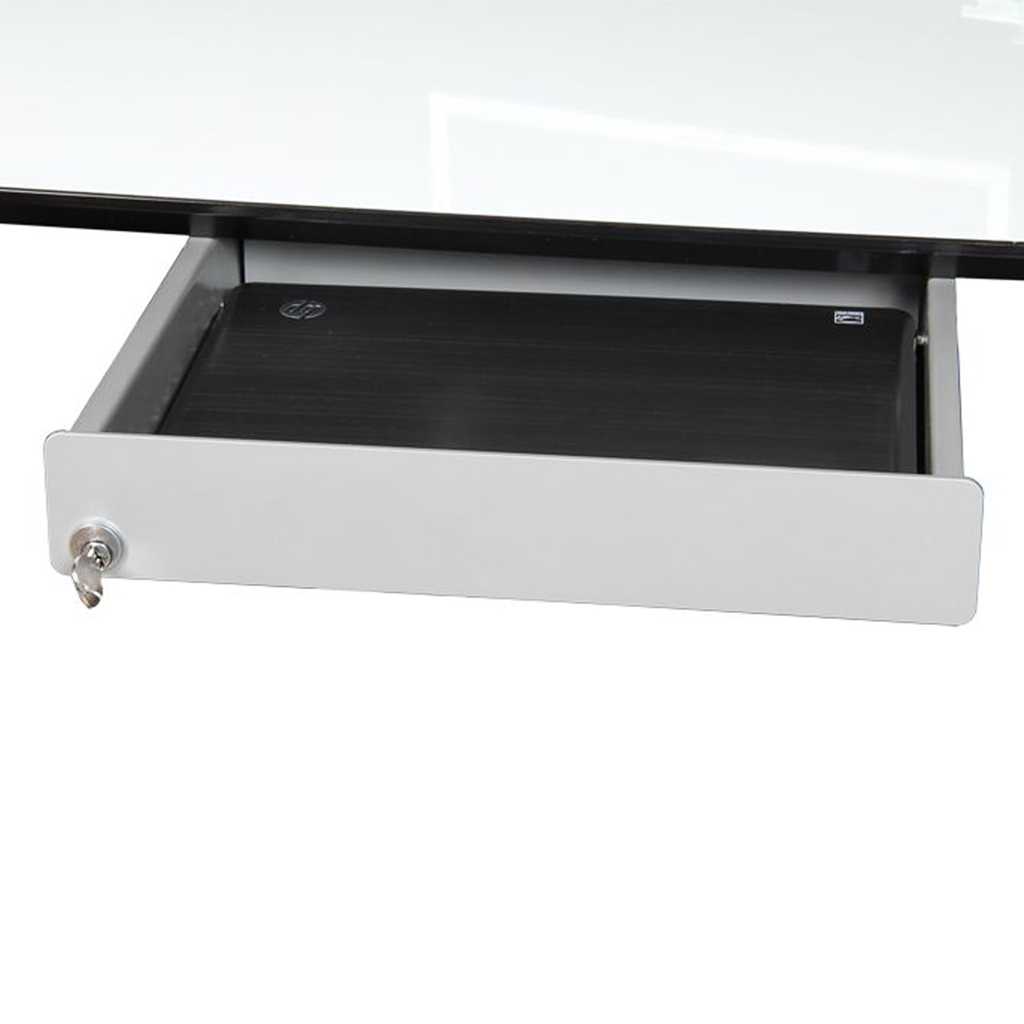 abschließbare Laptop Schublade Schubfach für die Befestigung unter der Tischplatte. Für Laptop oder andere WErtgegenstände. Schlichtes Design in grau. Mit Schlüssel. Unter einer weißen Tischplatte angebracht.