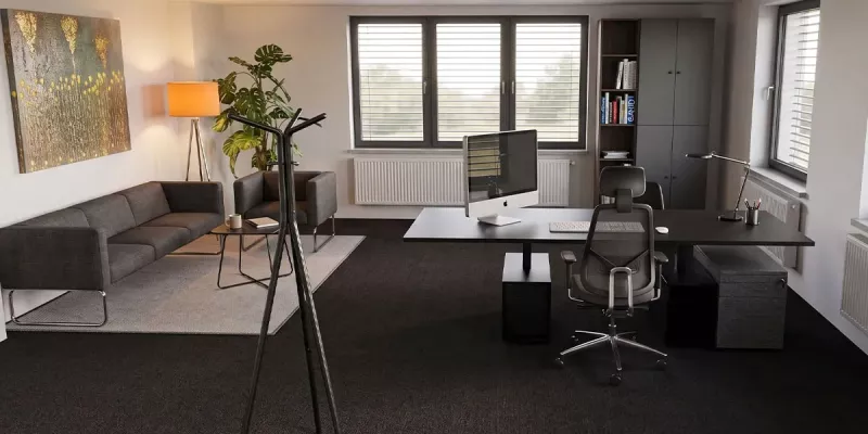 Chefbüro mit höhenverstellbarem Schreibtisch Imperio Lift Plus und Loungebereich