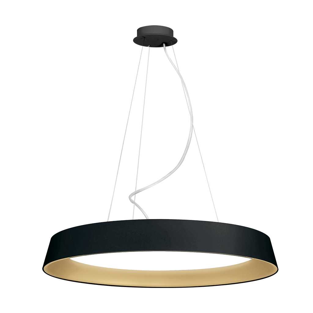 Design Pendelleuchte Eine schwarze Pendelleuchte von Innen in gold. Lampenschirm besteht aus einem offenen Loop und verleiht der Raumbeleuchtung ein einzigartiges und modernes Design