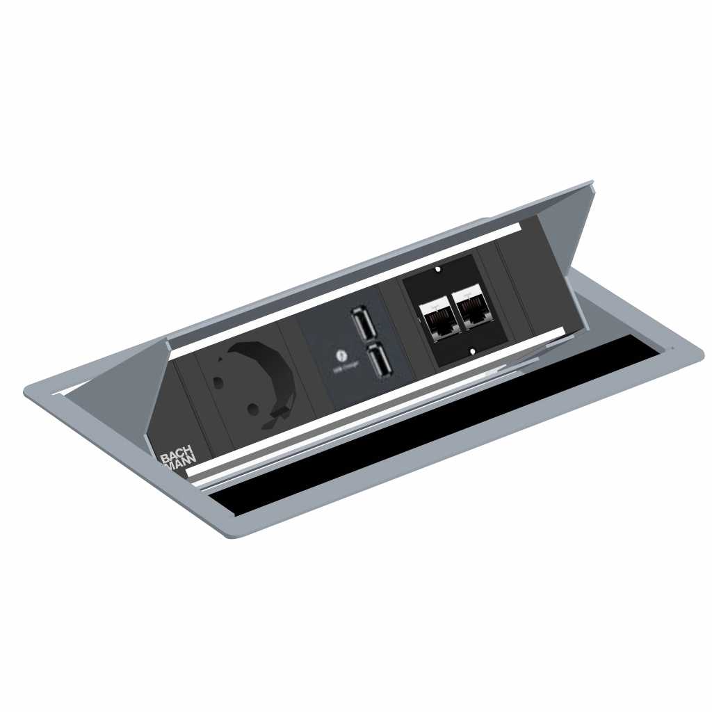 Einbausteckdose für Schreibtisch Media Box für den Schreibtisch. Zwei Steckdosen und USB Anschlüsse. Mit grauem Rahmen.