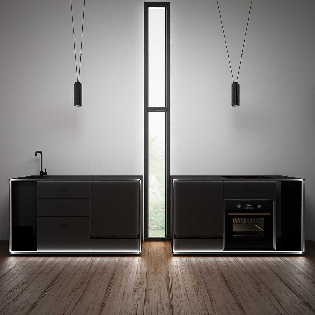 Büroküchezeilen Büroküche aus schwarzem Stahl im Industrial Style. In der Mitte zwischen den beiden Zeilen ein schmales, schwarzgerahmtes, bodentiefes Fenster. Links ein Küchenblock mit Spülbecken, rechts ein Büroküchenblock mit Backofen und Kochfeld. Über jeder Seite hängt eine schwarze schmale Pendelleuchte.
