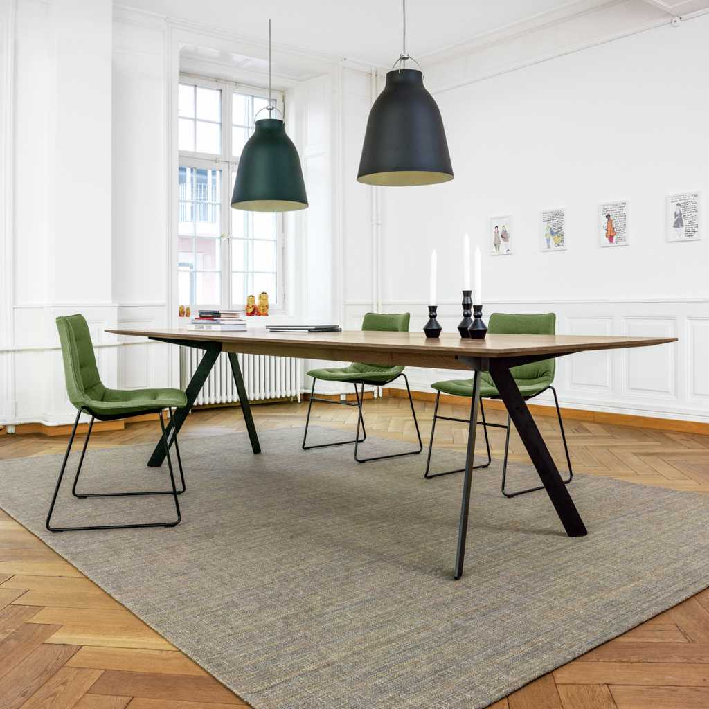 Sitzgruppe auf graubraunem Teppich. Moderner Tisch mit Massivholzplatte und vier Besucherstühlen. Stühle mit grünem Schalensitz und schwarzen Kufenfüßen.