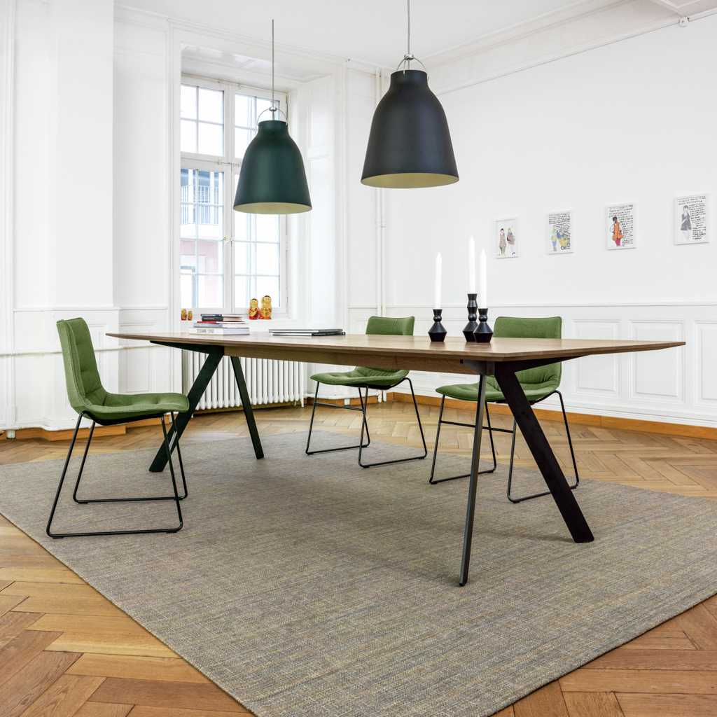 Besucherstuhl im Pausenraum Sitzgruppe auf graubraunem Teppich. Moderner Tisch mit Massivholzplatte und vier Besucherstühlen. Stühle mit grünem Schalensitz und schwarzen Kufenfüßen.