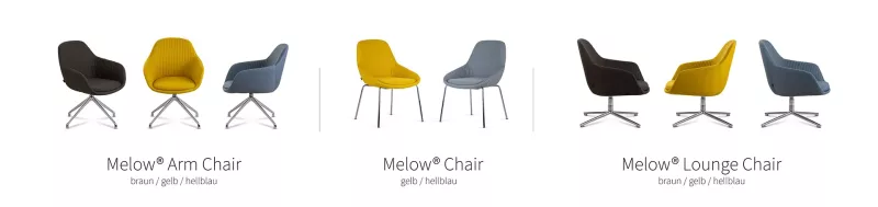 Melow als Konferenzstuhl, mit 4-Fußgestell und als Loungestuhl mit Spinnenfuß