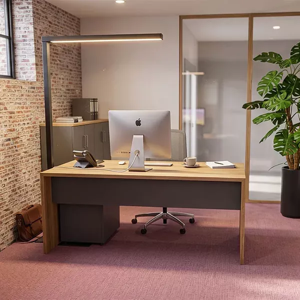 Büro mit warmen Farben durch Holz und einem rötlichen Teppich