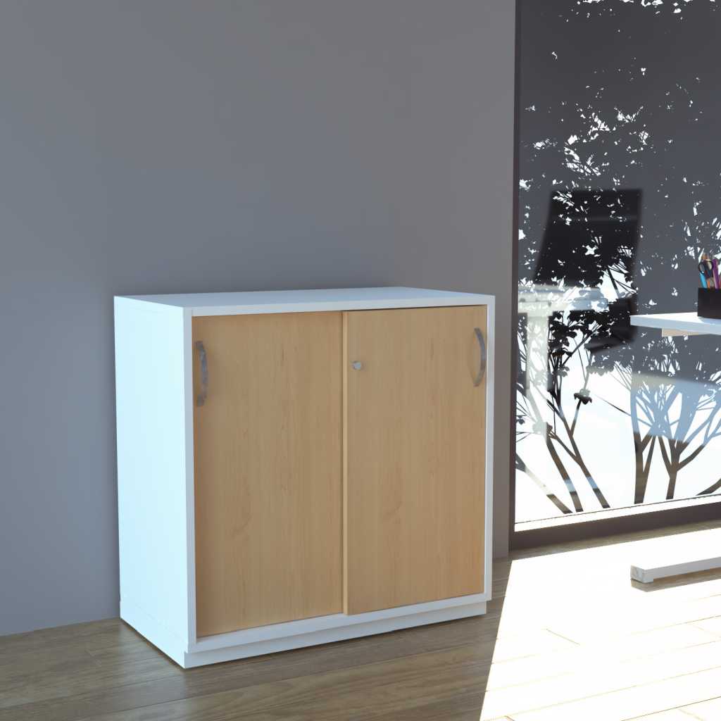 Sideboard Schiebetüren abschießbar Sideboard mit zwei buchefarbenden Schiebetüren abschießbar, Korpus weiß.
