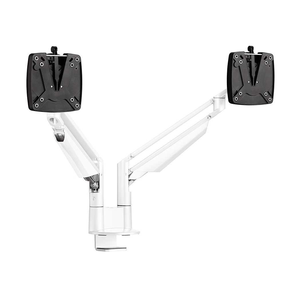 Doppel Monitohalterung Monitorhalter für zwei Bildschirme in weiß. Mit Tischklemme für einfache Befestigung.