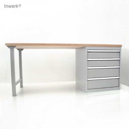 Werkbank mit Schubladenschrank Schlichte Werkbank in hellem Holzdekor und grauem Gestell. Ein grauer Schubladenschrank mit vier Auszügen für viel Stauraum.
