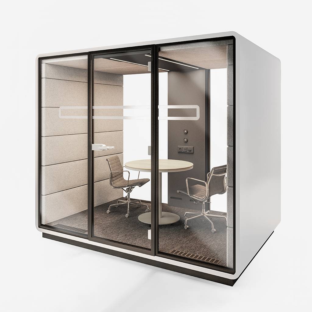 Meetingbox HushMeet.L für 4 - 8 Personen Weiß/Orange | Glas/Milchglas | Sicherheitsglas | Belüftung | Höhe 2300 mm | Breite 2600 mm | Tiefe 2700 mm