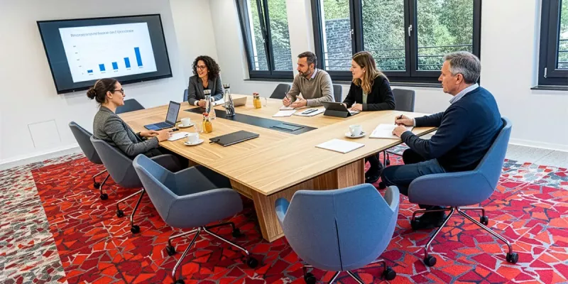 Belebter Konferenzraummit Tisch in Holzdekor
