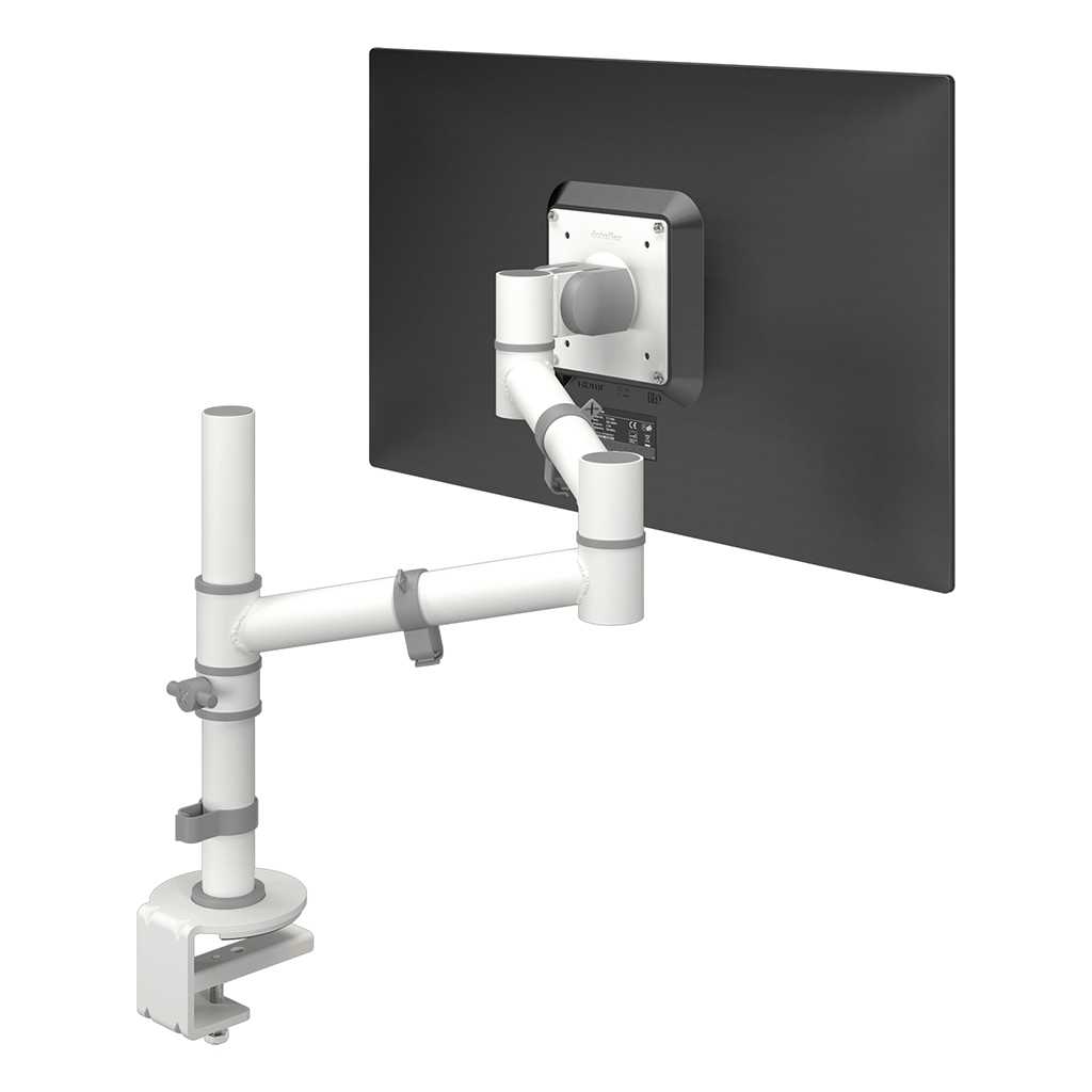 Schwenkbarer Monitorhalter Weiße Halterung für Monitore. MIt schwenkbaren Gelenken. An der Halterung ist ein Desktop befestigt. Mit Tischklemmen zur einfachen Befestigung.
