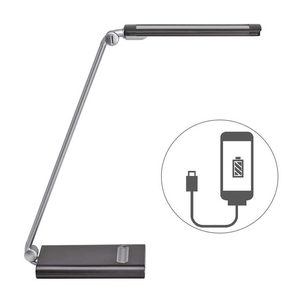 Funktionale Schreibtischlampe Graue, schlichte Schreibtischleuchte. Schmale und zeitlose Optik. Leuchtmittel enthalten. Mit Ladeanschluss für Mobiltelefon.
