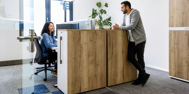 Doppelarbeitsplatz mit Bürosideboard als Sichtschutz und Stauraum