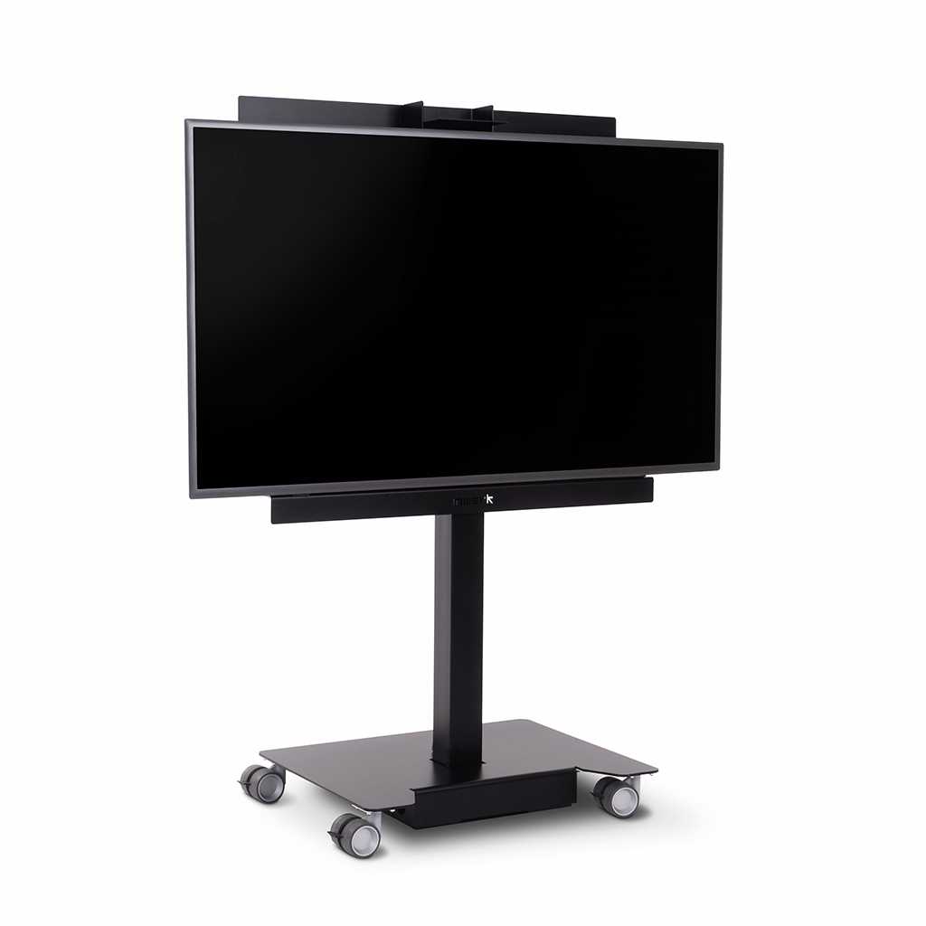 Höhenverstellbarer Monitorhalter Schwarzer Monitorhalter aus Stahlkonstruktion auf Rollen. Elektrisch höhenverstellbar. Ein Monitor ist an der Halterung befestigt.