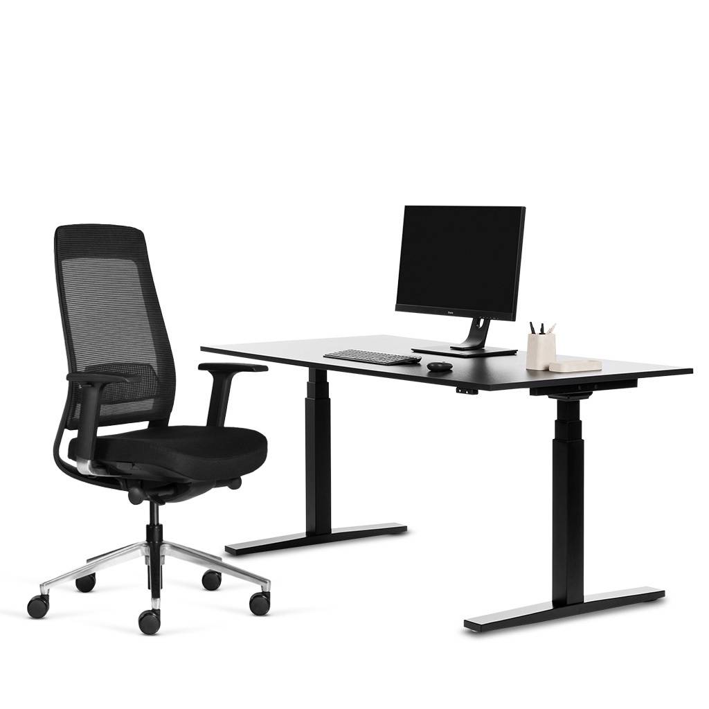 Büromöbel-Set Imperio Proline höhenverstellbarer Schreibtisch plus Bürostuhl Arbeitsplatzset Weiss/Schwarz 120 - 200 x 80 cm| GS Zeichen | Inwerk